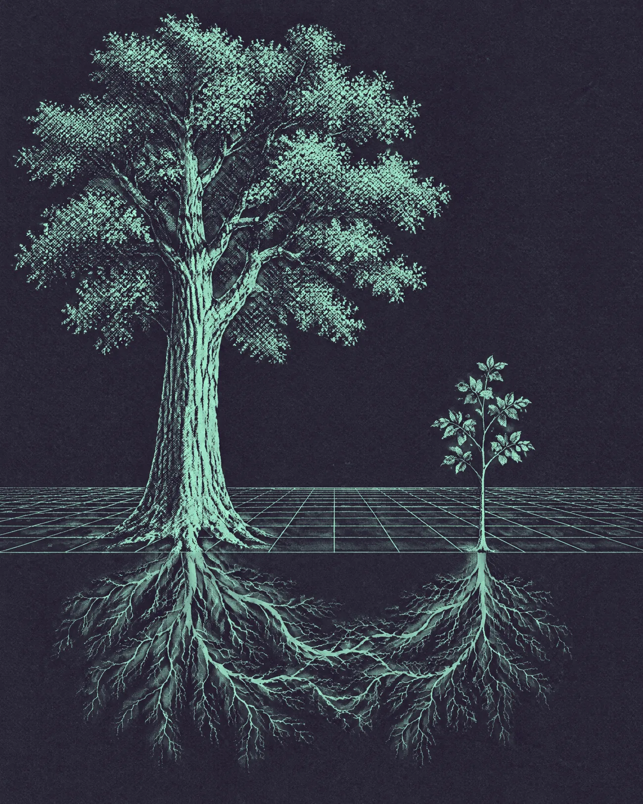 An old tree and a young sapling on a wireframe plain, their roots joined underground by glowing lines.